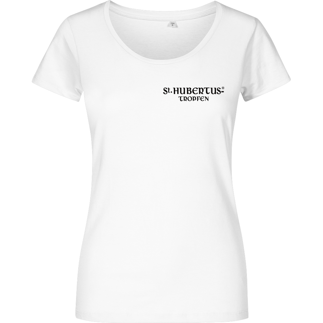 St. Hubertus Tropfen Rehbock Backprint - Schriftzug Pocket T-Shirt Damenshirt weiss