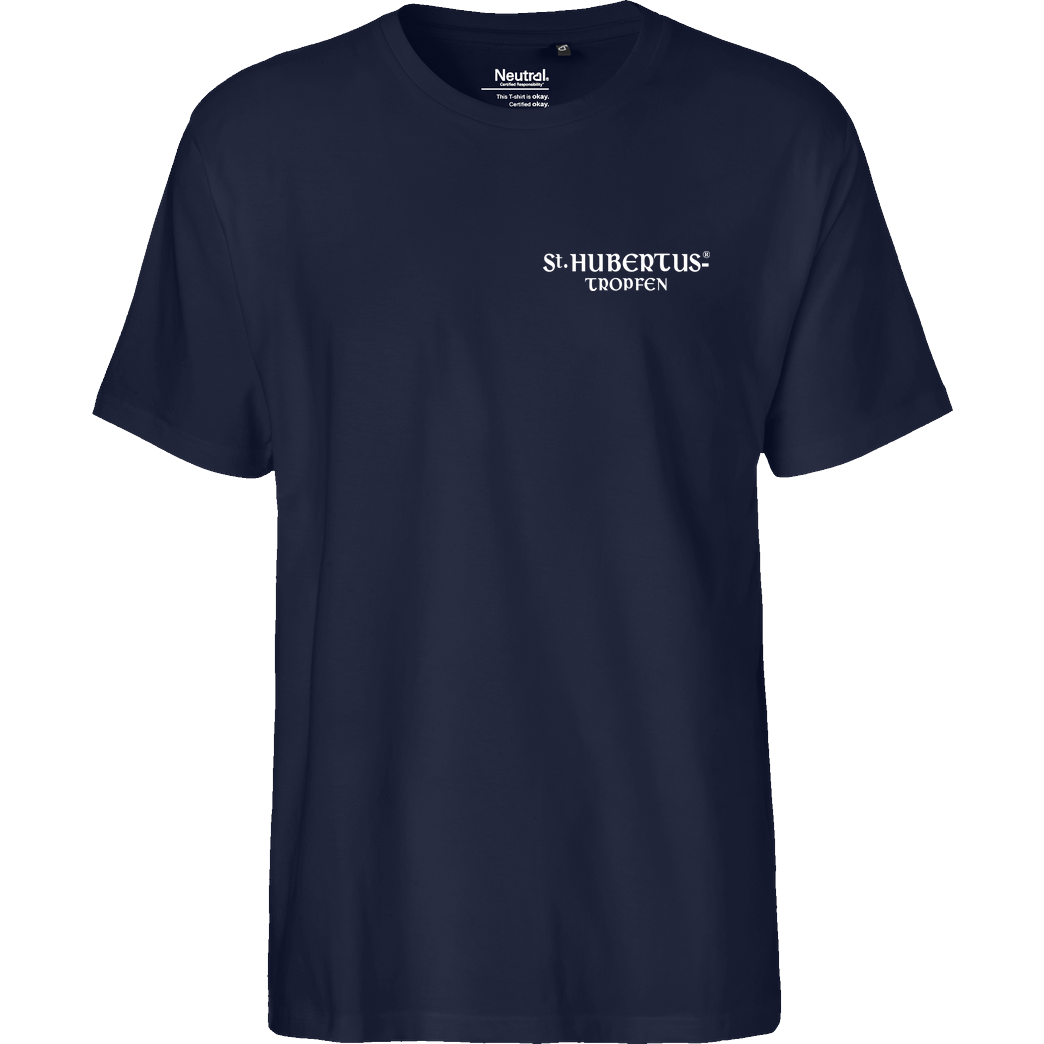 St. Hubertus Tropfen Rehbock Backprint - Schriftzug Pocket T-Shirt Fairtrade T-Shirt - navy