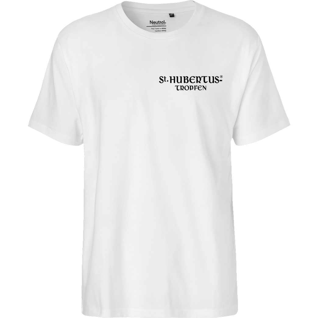 St. Hubertus Tropfen Rehbock Backprint - Schriftzug Pocket T-Shirt Fairtrade T-Shirt - weiß